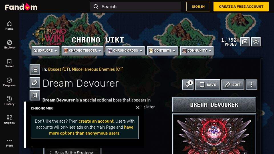 Screenshot of chrono.fandom.com: You can defeat the Dream Devourer from Chrono Trigger using an int overflow