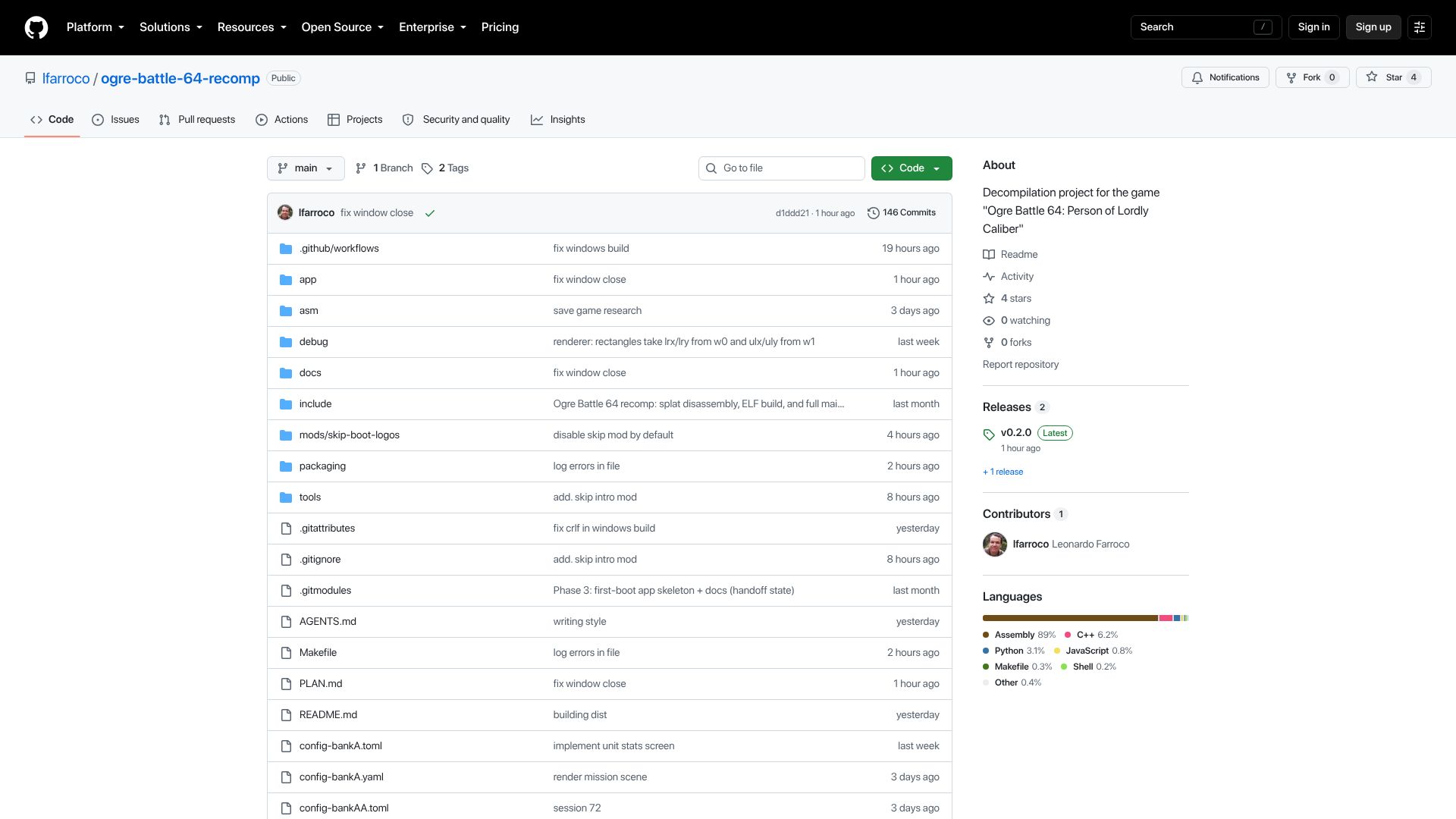 Screenshot of github.com: Ogre Battle 64 Recompiled Project at 99.05%