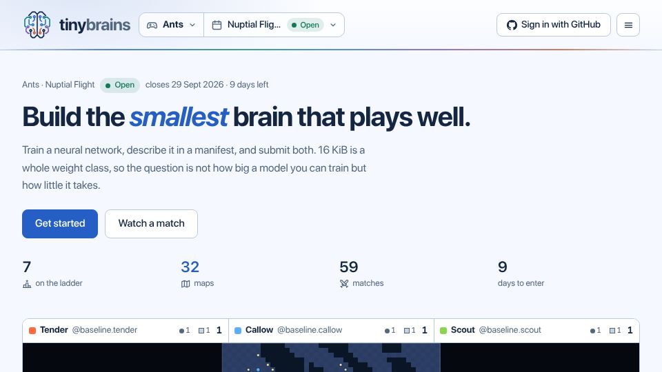 Screenshot of tinybrains.dev: Show HN: A competition for small neural networks that play strategy games