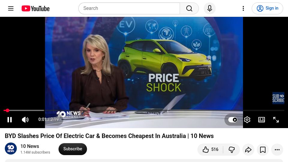 Screenshot of youtube.com: BYD Slashes Price of Electric Car and Becomes Cheapest in Australia [video]