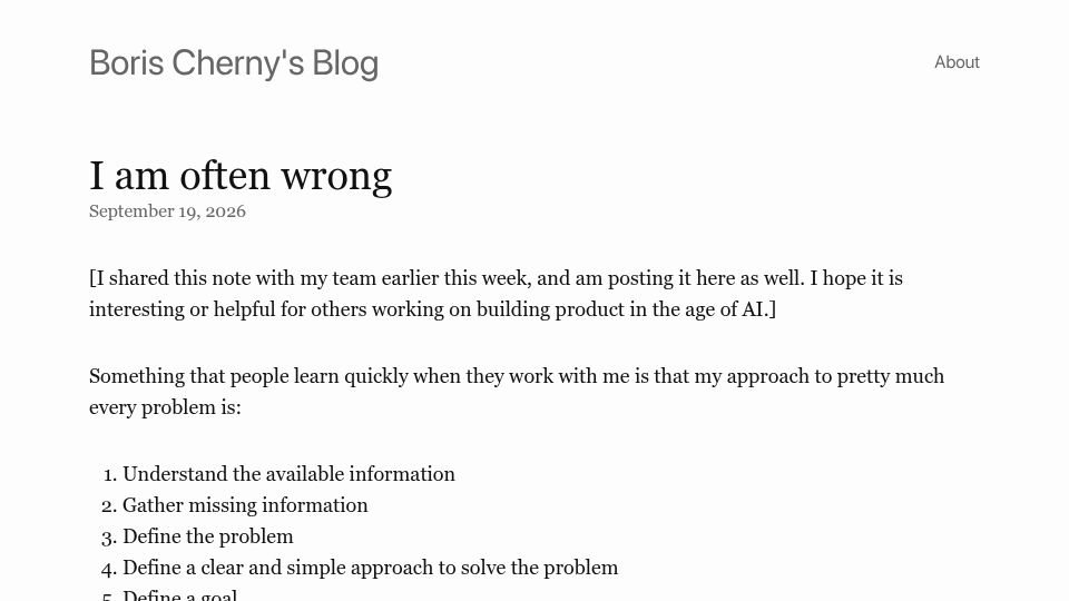 Screenshot of borischerny.com: I am often wrong
