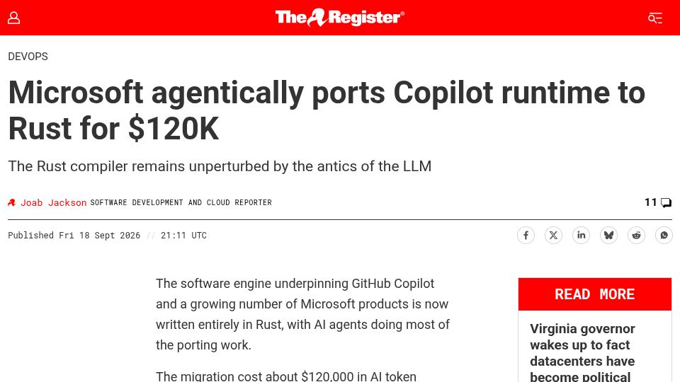 Screenshot of theregister.com: Microsoft agentically ports Copilot runtime to Rust for $120K