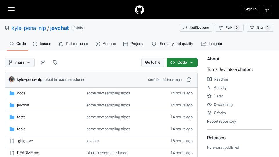 Screenshot of github.com: I turned Jev into a (lousy) chatbot