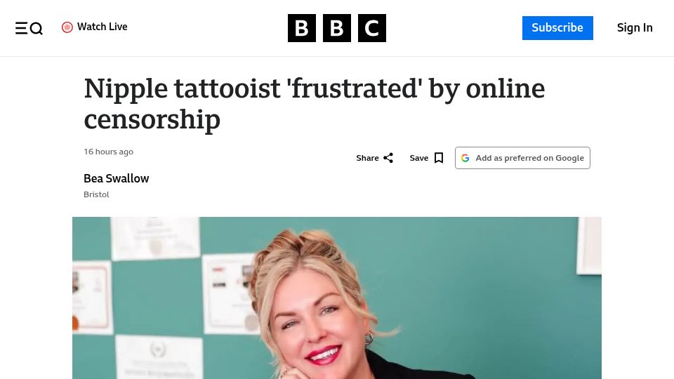 Screenshot of bbc.com: Nipple tattooist 'frustrated' by online censorship