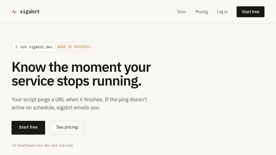 Screenshot of sigabrt.dev: Show HN: Sigabrt.dev – cronjob monitor with an SSH TUI