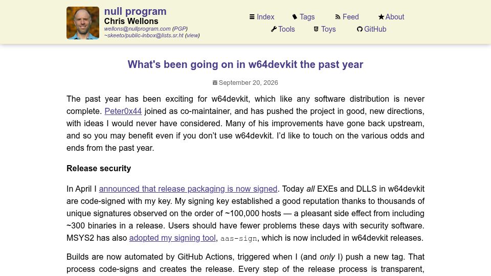 Screenshot of nullprogram.com: What's been going on in w64devkit the past year
