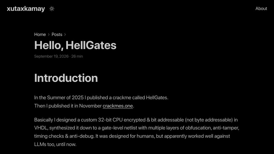 Screenshot of blog.xutaxkamay.com: HellGates, custom CPU gate-level challenge