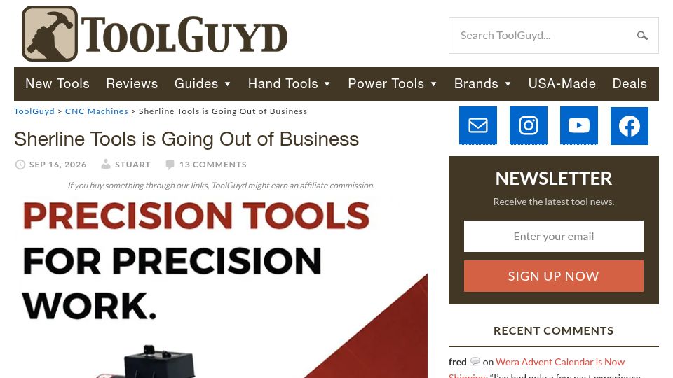 Screenshot of toolguyd.com: Sherline Tools Is Going Out of Business