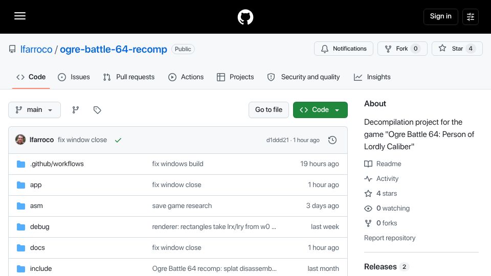 Screenshot of github.com: Ogre Battle 64 Recompiled Project at 99.05%