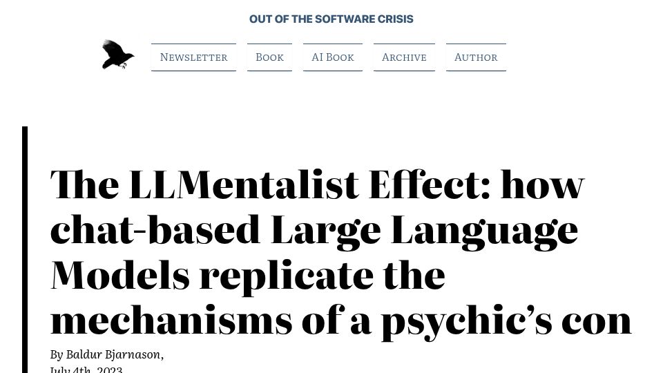 Screenshot of softwarecrisis.dev: The LLMentalist Effect (2023)