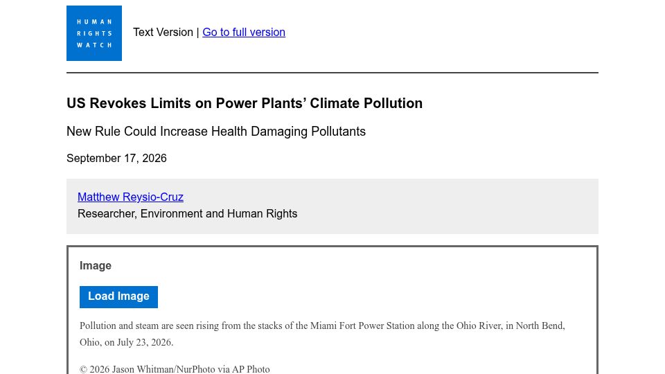 Screenshot of text.hrw.org: US Revokes Limits on Power Plants' Climate Pollution