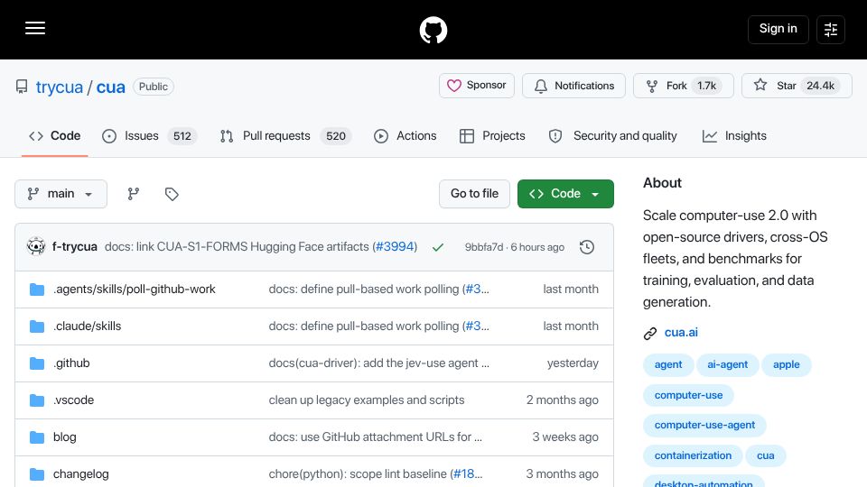 Screenshot of github.com: Show HN: CUA-S1 – A System One Model for Computer Use