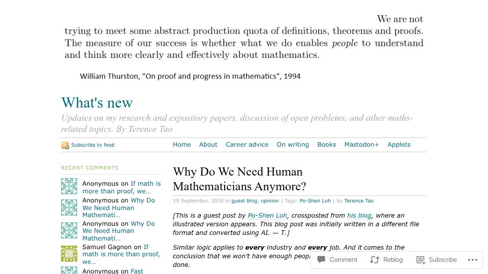 Screenshot of terrytao.wordpress.com: Why do we need human mathematicians anymore?