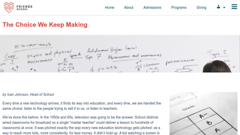 Screenshot of friendsschoolboulder.org: AI in schools – The choice we keep making