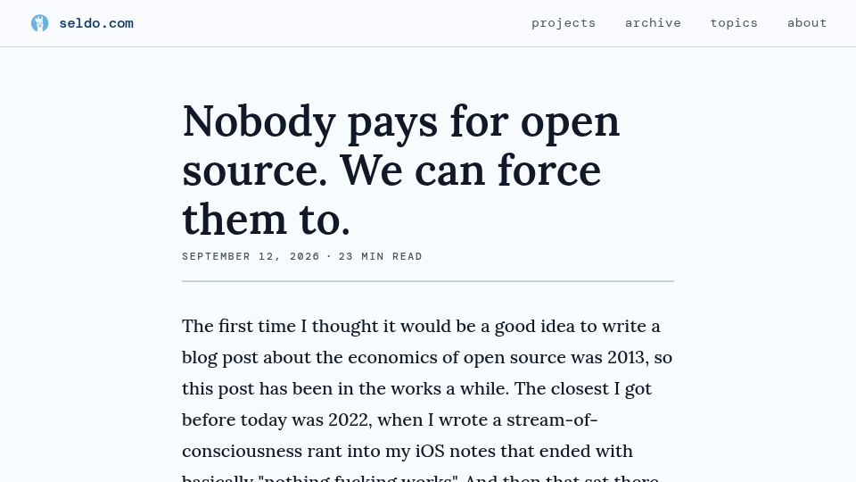 Screenshot of seldo.com: Nobody pays for FOSS, we can force them to
