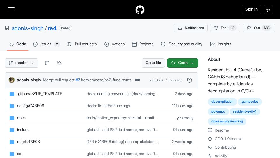 Screenshot of github.com: Resident Evil 4 (GameCube) – complete byte-identical decompilation to C/C++