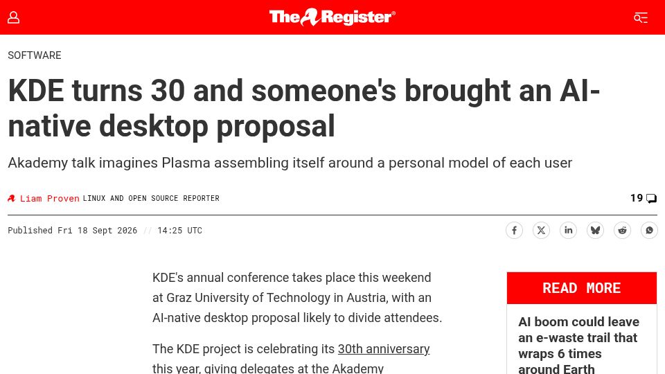 Screenshot of theregister.com: KDE turns 30 and someone's brought an AI-native desktop proposal