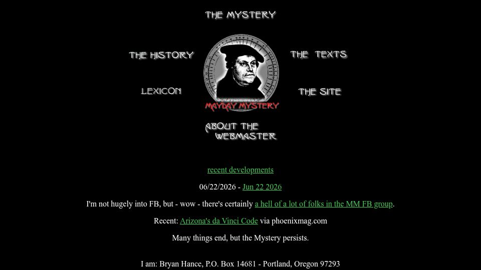 Screenshot of maydaymystery.org: Mayday Mysteries