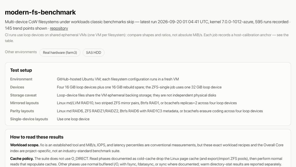Screenshot of bartosz.fenski.pl: Btrfs/ZFS/bcachefs under workloads classic benchmarks skip