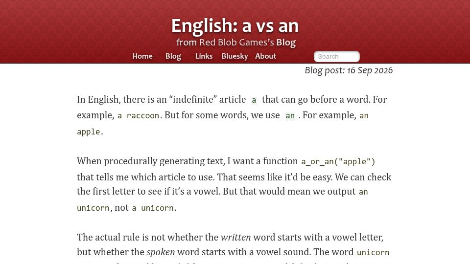 Screenshot of redblobgames.com: English: A vs. An