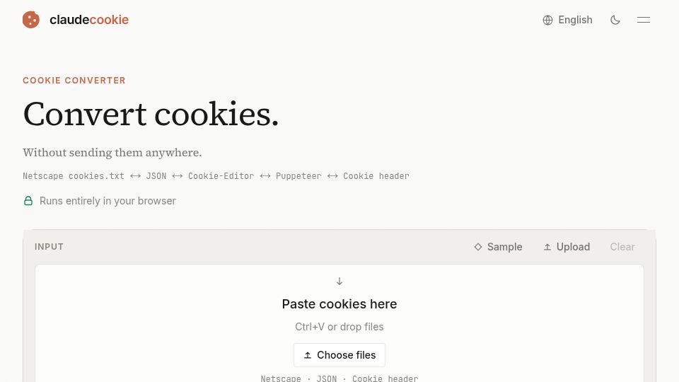 Screenshot of claudecookie.com: Claudecookie – convert, check, and mint Claude Code credentials from a cookie