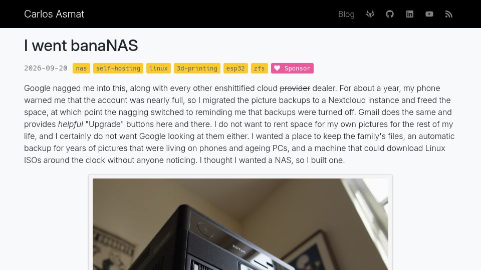 Screenshot of asmat.ca: Custom home server built from spare parts
