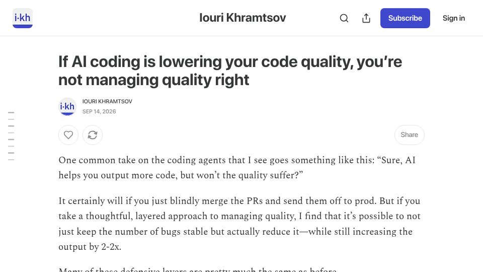 Screenshot of i-kh.net: If AI coding is lowering your code quality, you're not managing quality right