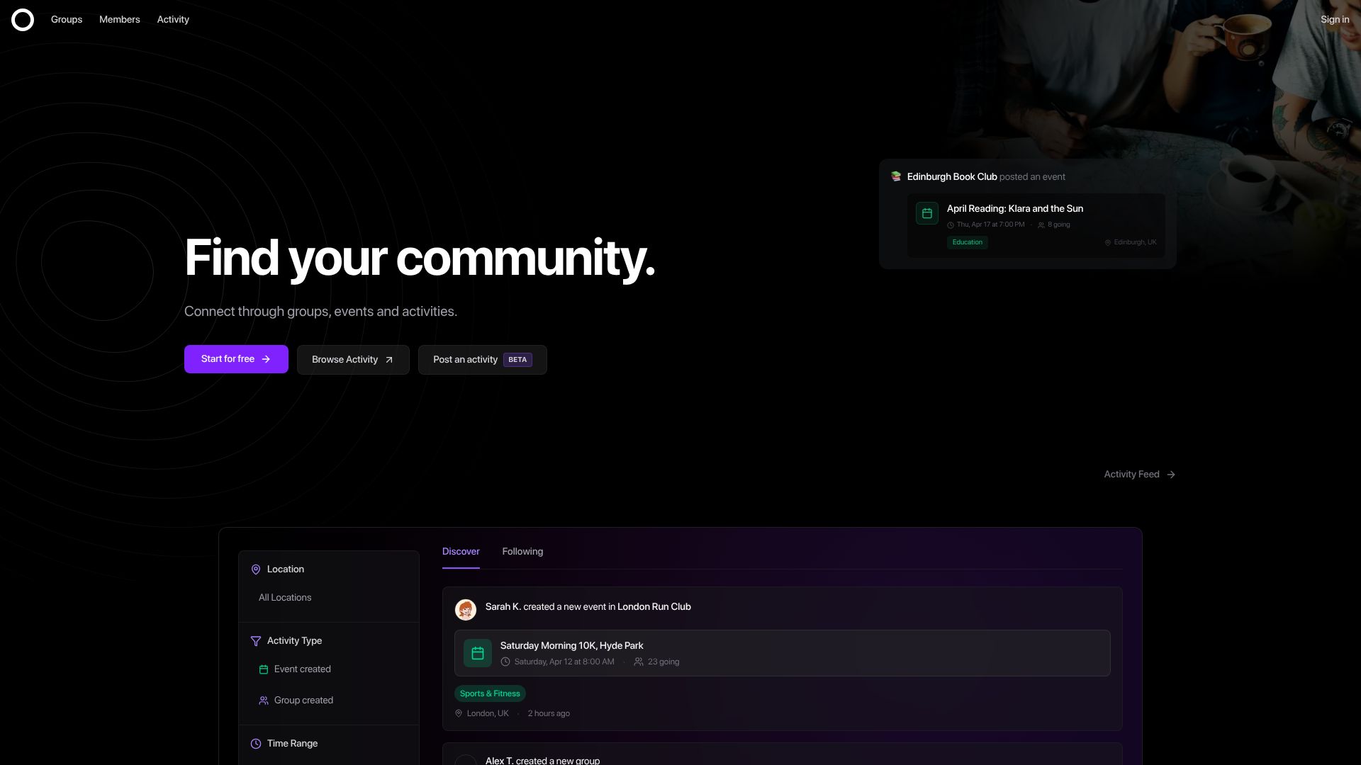 Screenshot of radius.to: Show HN: Radius – A Meetup.com Alternative