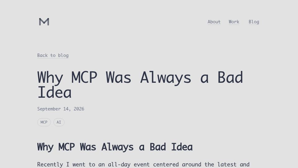 Screenshot of maharship.com: MCP was always a bad idea?