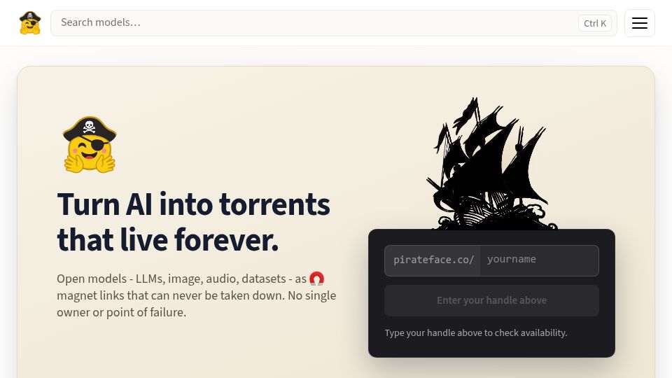Screenshot of pirateface.co: Pirate Face Rescues LLM Models from Deletion