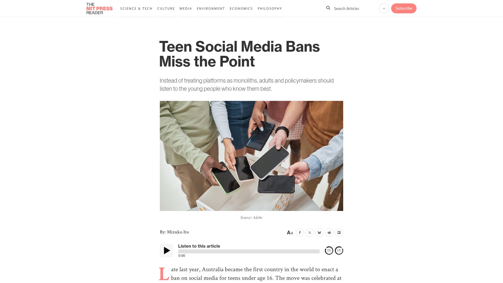 Screenshot of thereader.mitpress.mit.edu: Teen Social Media Bans Miss the Point