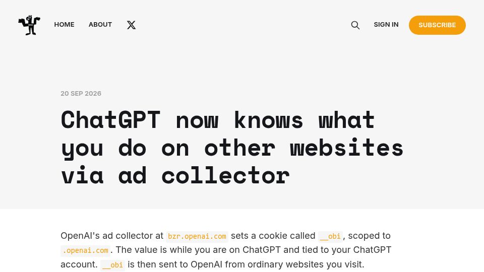Screenshot of buchodi.com: ChatGPT now knows what you do on other websites via ad collector