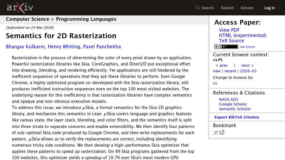 Screenshot of arxiv.org: Compiler-style optimization for drawing via Skia