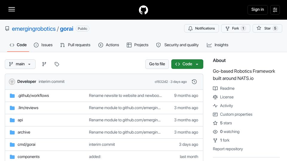 Screenshot of github.com: Go-based Robotics Framework built around NATS.io
