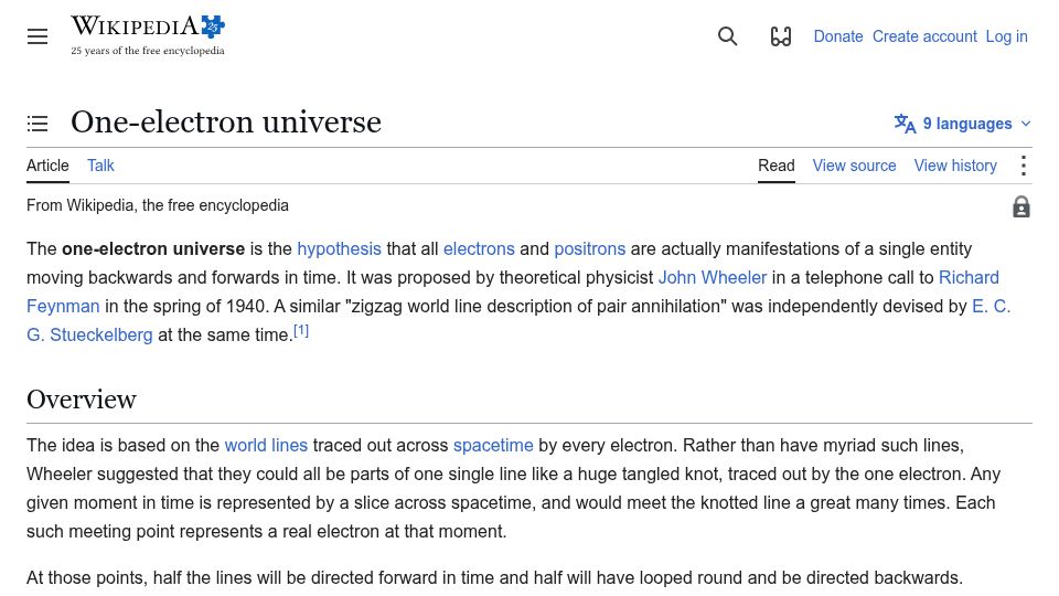 Screenshot of en.wikipedia.org: One-Electron Universe