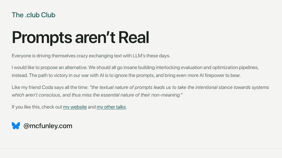Screenshot of evaluation.club: Prompts aren’t Real