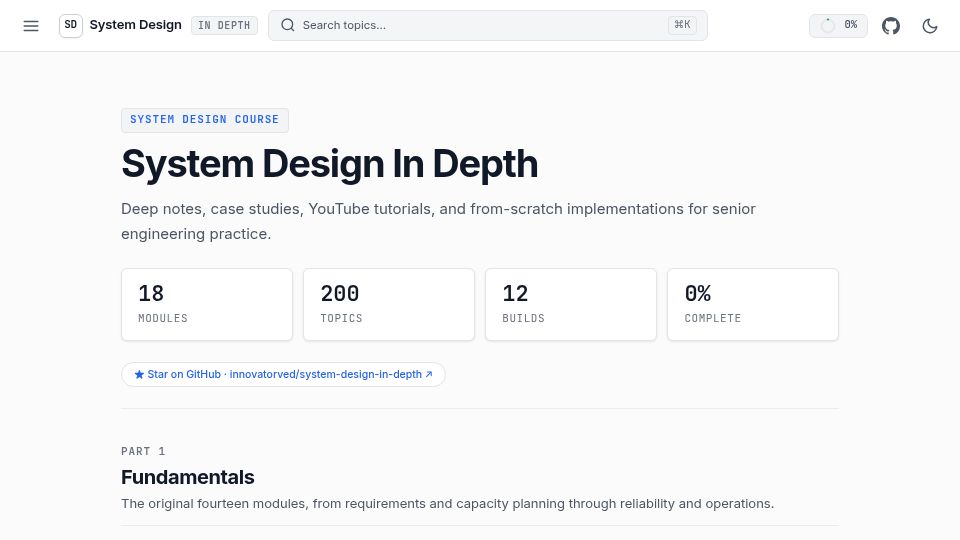 Screenshot of system-design-in-depth.pages.dev: system design in depth – 200 topics, 118 diagrams, interactive demos