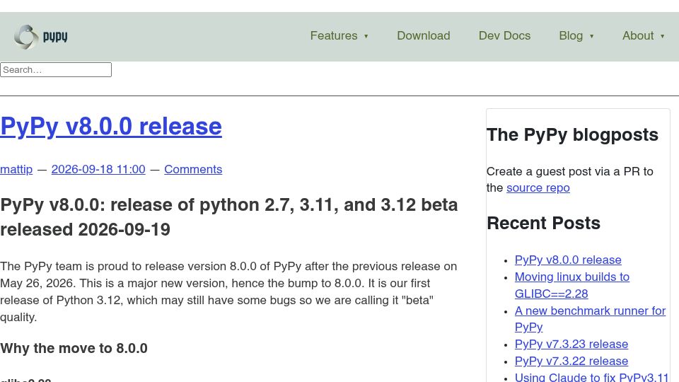 Screenshot of pypy.org: PyPy v8.0.0 Release