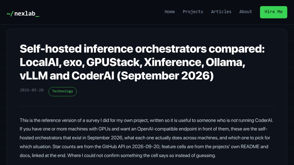 Screenshot of nexlab.net: Self-hosted inference orchestrators compared: LocalAI, exo, GPUStack, vLLM