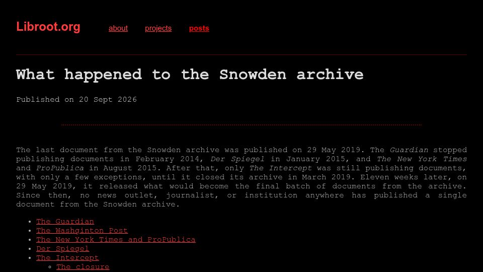 Screenshot of libroot.org: What happened to the Snowden archive