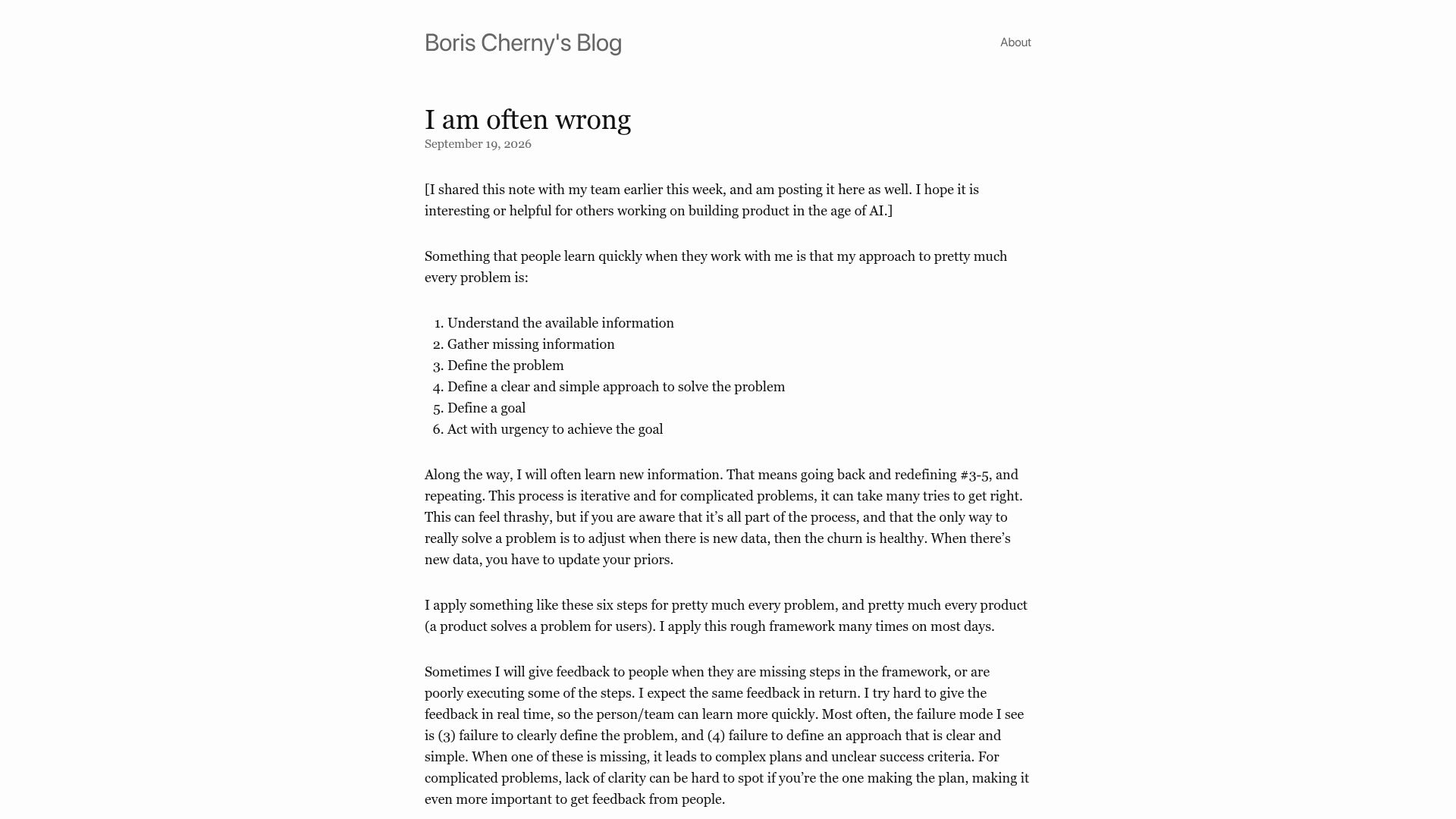 Screenshot of borischerny.com: I am often wrong