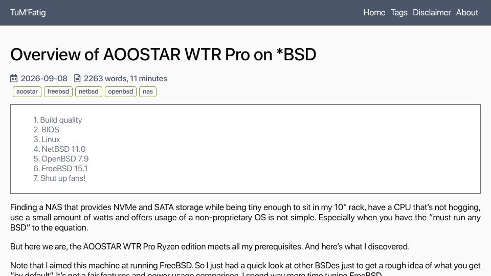 Screenshot of tumfatig.net: FreeBSD on Aoostar WTR Pro NAS