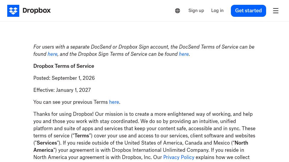 Screenshot of dropbox.com: Dropbox's Jan 1st 2027 terms of service