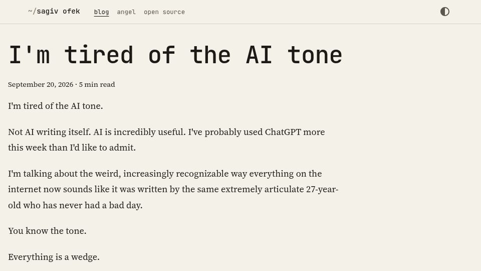 Screenshot of sagivo.com: I'm Tired of the AI Tone