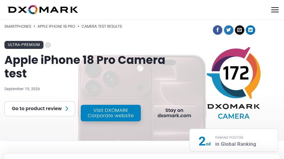 Screenshot of dxomark.com: Apple iPhone 18 Pro Camera test