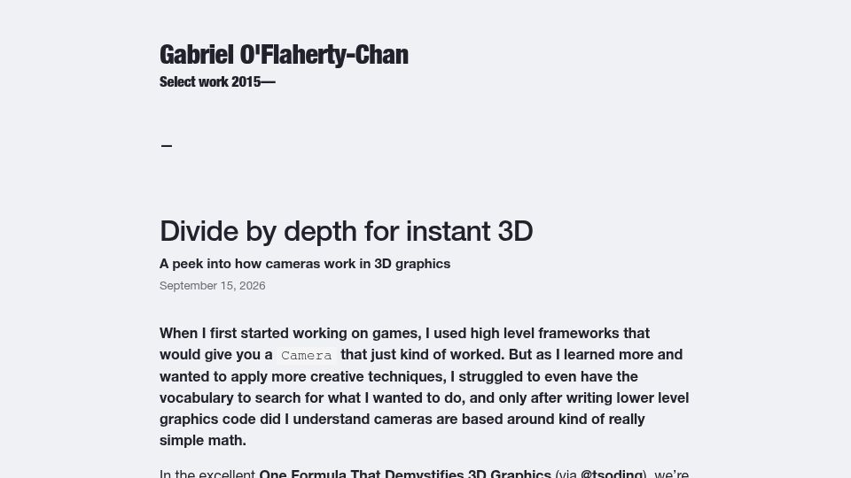 Screenshot of gabrieloc.com: Divide by depth for instant 3D