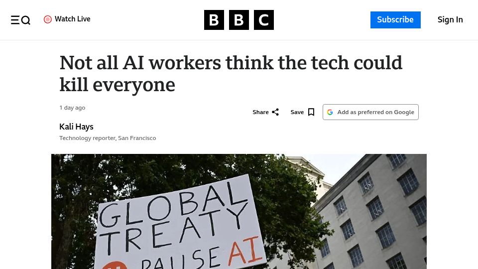 Screenshot of bbc.com: Not all AI workers think the tech could kill everyone