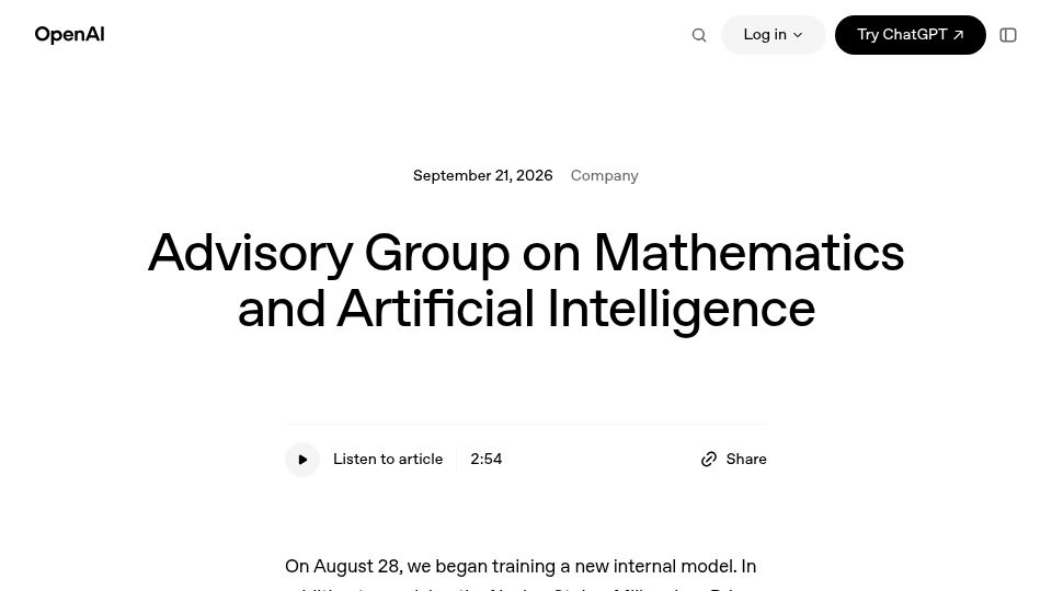 Screenshot of openai.com: Advisory Group on Mathematics and Artificial Intelligence