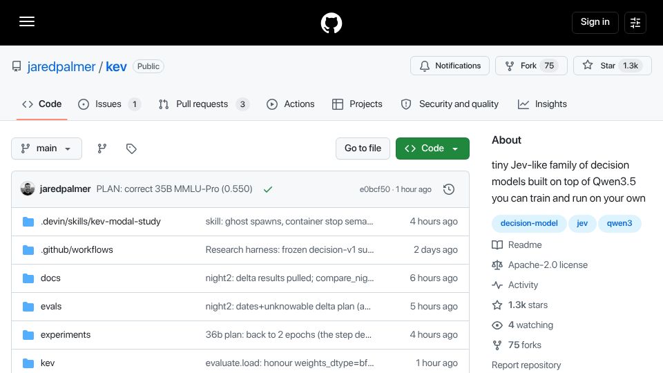 Screenshot of github.com: Kev: Tiny Jev-like family of decision models built on top of Qwen3.5