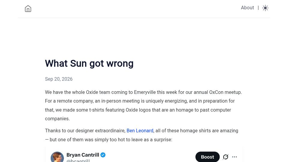 Screenshot of bcantrill.dtrace.org: What Sun got wrong